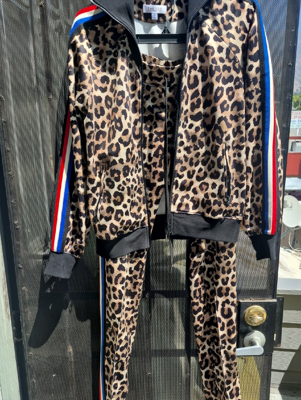 Leopard Print Track Jacket & Pants Set with Red-White-Blue Stripes
